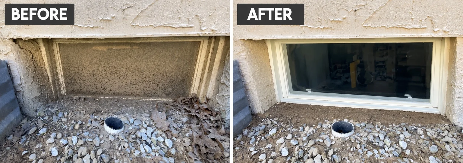 Before and after basement window cleaning